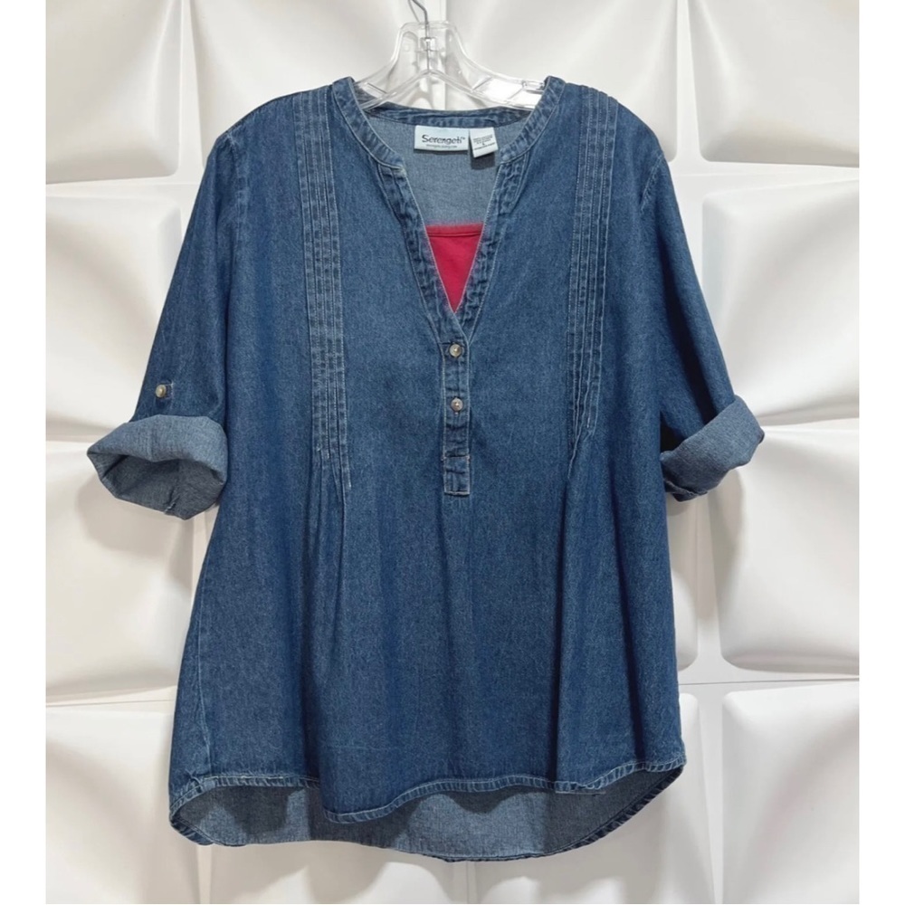 Serengeti Catalog Womens Sz L Blue Denim Pin-tuck Blouse Henley Top Faux Layered